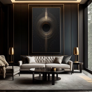 Puede incluir: Un lujoso sal&oacute;n con una gran obra de arte abstracta con l&iacute;neas doradas conc&eacute;ntricas sobre un fondo negro. Un sof&aacute; beige acolchado, dos l&aacute;mparas doradas y una mesa de centro negra completan la elegante decoraci&oacute;n. La habitaci&oacute;n tiene paredes oscuras y una gran ventana.