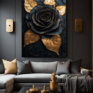 Puede incluir: Una rosa negra y dorada con hojas texturizadas sobre un fondo oscuro. La rosa es de estilo moderno y tiene un efecto 3D.