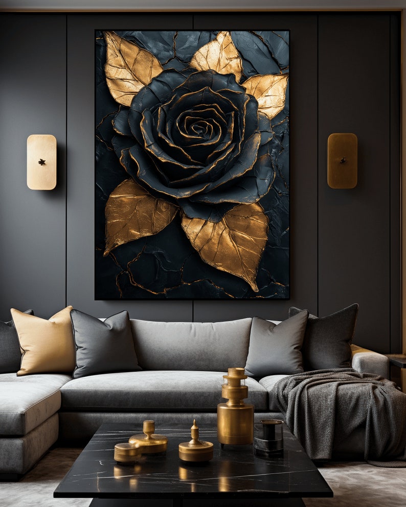 Puede incluir: Una rosa negra y dorada con hojas texturizadas sobre un fondo oscuro. La rosa es de estilo moderno y tiene un efecto 3D.