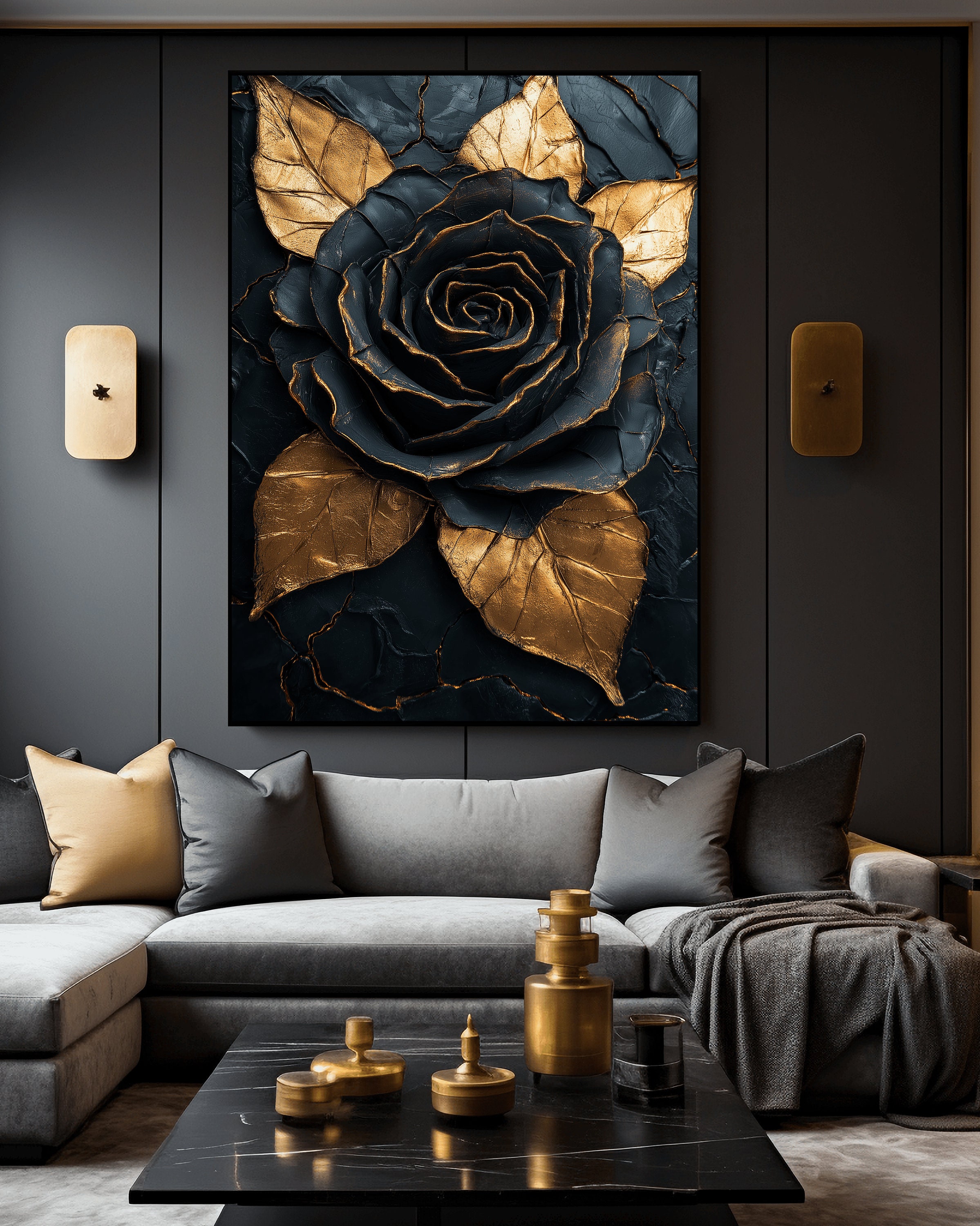 Black and Gold Rose Art Print: Modern Floral Wall Decor (digital ...