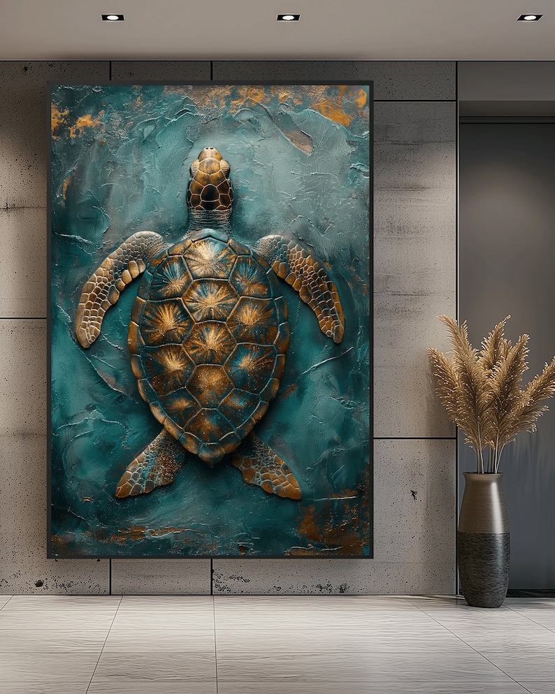 Puede incluir: Una pintura abstracta en azul verdoso y dorado de una tortuga marina. La tortuga est&aacute; representada en un estilo realista con un caparaz&oacute;n detallado y un fondo texturizado.