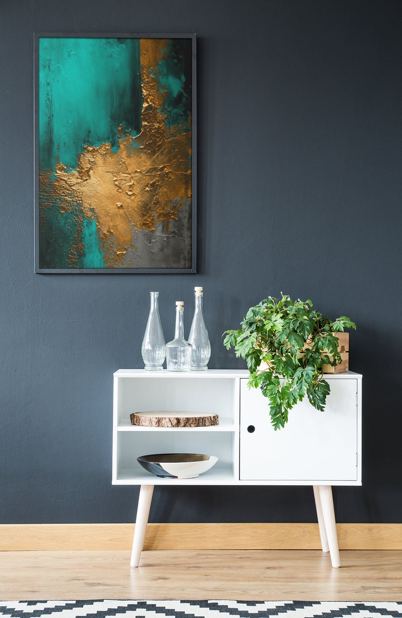 Teal Gold Abstract Wall Art Canvas Teal Abstract Art Teal Etsy