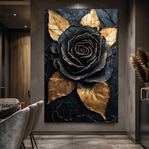 Impresión digital de arte mural moderno de rosas, negro y dorado, impresión de rosas, arte mural de rosas, decoración de pared de rosas, póster de rosas, pintura de rosas, arte mural floral