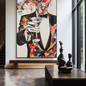 May include: A colorful abstract painting of a person in a tuxedo holding a martini glass. The painting is set against a white background and features a variety of colors, including red, blue, green, and yellow.