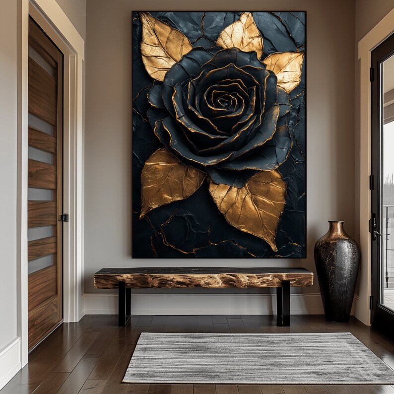 Puede incluir: Una pintura abstracta de una sola rosa con hojas texturizadas. La rosa est&aacute; en el centro del lienzo y est&aacute; rodeada de hojas doradas. El fondo es azul oscuro.