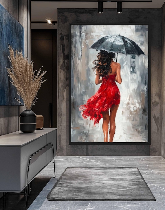 Woman With Umbrella Framed Canvas: Red Dress Painting