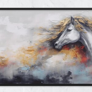 May include: A white horse with a flowing golden mane and tail, painted in a textured style against a background of grey, gold, and red.