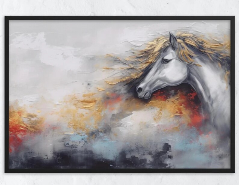 May include: A white horse with a flowing golden mane and tail, painted in a textured style against a background of grey, gold, and red.