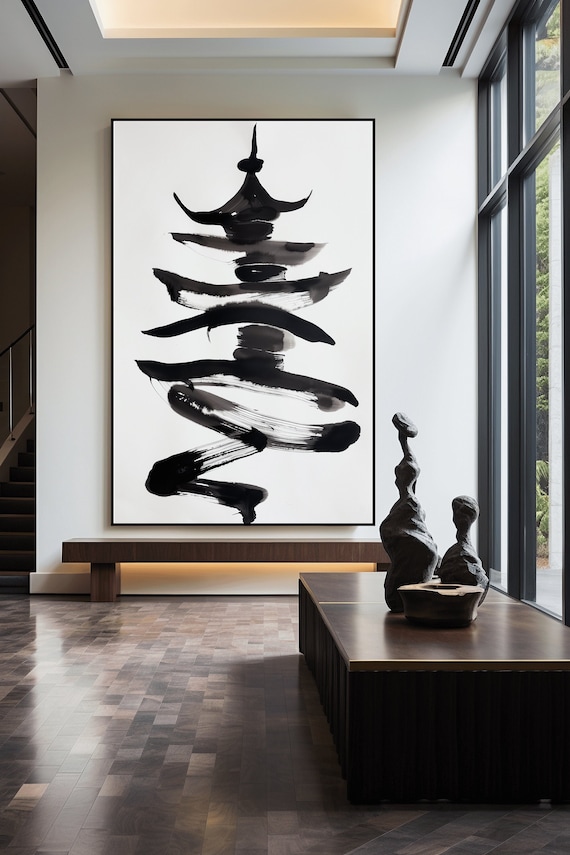 Chinese Pagoda Abstract Art Print: Black and White Minimalist Asian Wall Art (Digital Download)