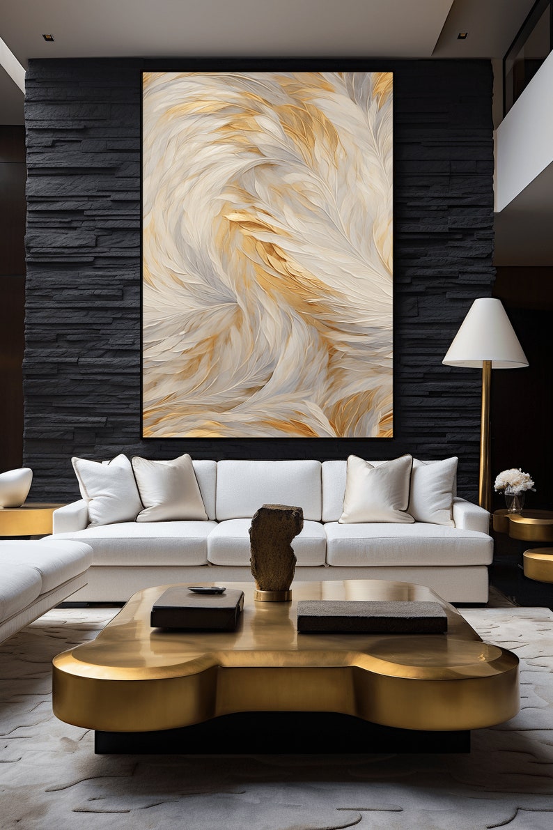 Feathers Abstract Framed Poster: Gold & White Feather Wall Art image 3