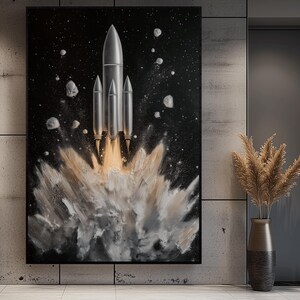 May include: A silver rocket ship launching into space with a burst of white and gold smoke. The rocket is surrounded by small, dark grey asteroids against a black background.
