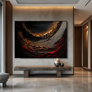May include: Abstract painting with black, gold, and red colors. The painting features a swirling, textured design with a dark background and gold and red accents.