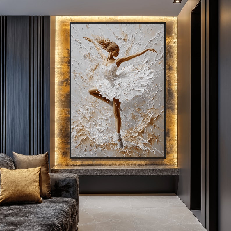 May include: A painting of a ballerina in a white tutu, dancing on a white and gold background.