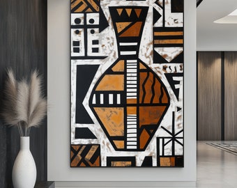 May include: Abstract geometric painting featuring a large, stylized vase in shades of brown, black, and white. The vase is surrounded by geometric shapes and patterns.