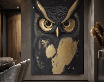 Impression d'art hibou noir et or : décor animalier moderne (téléchargement numérique)