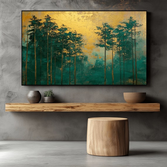 Abstract Forest Art Print: Green & Gold Landscape (Digital Download)