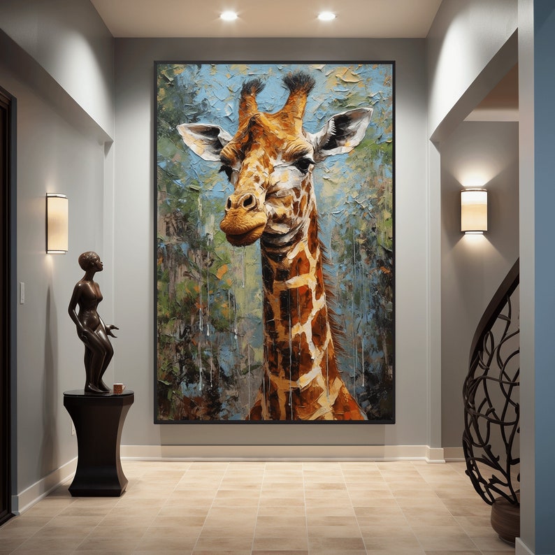 May include: A close-up painting of a giraffe's head and neck. The giraffe is brown and white with a textured, abstract background of blue, green, and white.