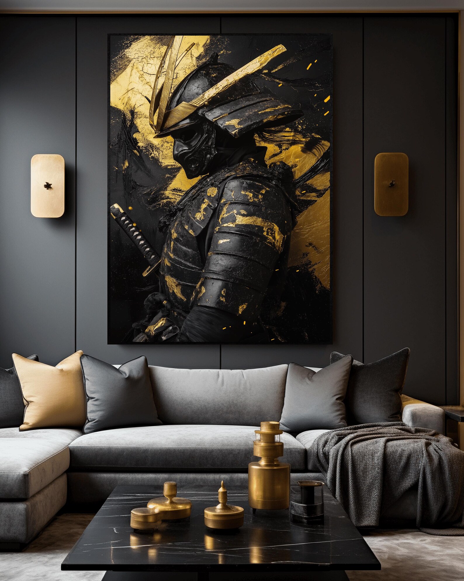 Samurai Warrior Framed Canvas Art, Japanese Armor Portrait, Black Gold ...