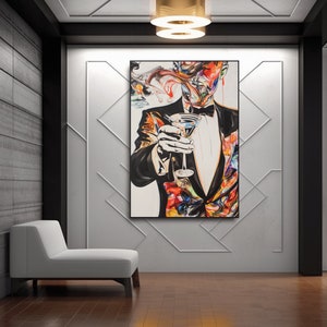 May include: A colorful abstract painting of a person in a tuxedo holding a martini glass. The person's face is obscured by colorful abstract shapes.