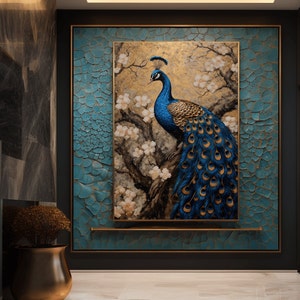 May include: A framed painting of a blue peacock with its tail feathers spread out. The peacock is perched on a branch of a tree with white blossoms. The background is a gold and brown color.