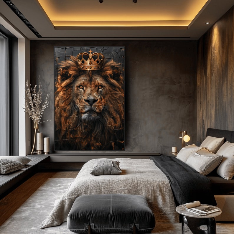 May include: A large canvas print of a lion wearing a gold crown. The lion is looking directly at the viewer. The print is hanging on a wall in a modern bedroom with a bed and nightstand.