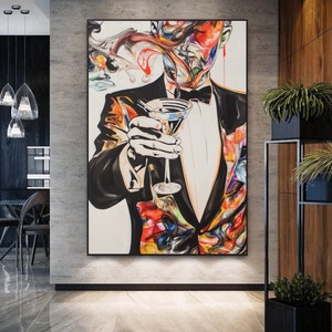 May include: A colorful abstract painting of a person in a tuxedo holding a martini glass. The person's face is obscured by colorful smoke-like swirls. The background is white.