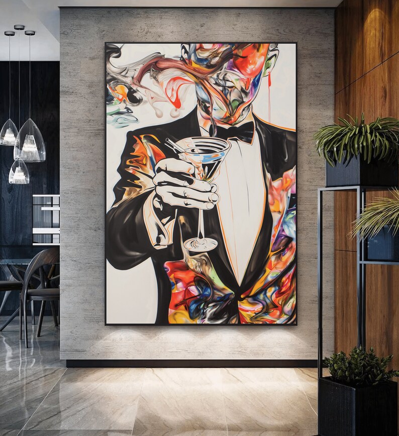 May include: A colorful abstract painting of a person in a tuxedo holding a martini glass. The person's face is obscured by colorful smoke-like swirls. The background is white.