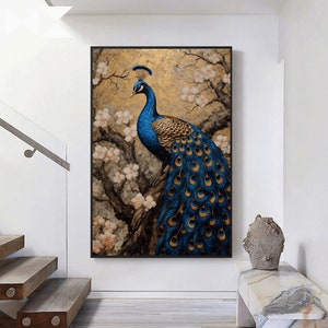 May include: A blue and gold peacock with its tail feathers spread out, standing on a branch with pink blossoms. The background is a gold and brown watercolor wash.