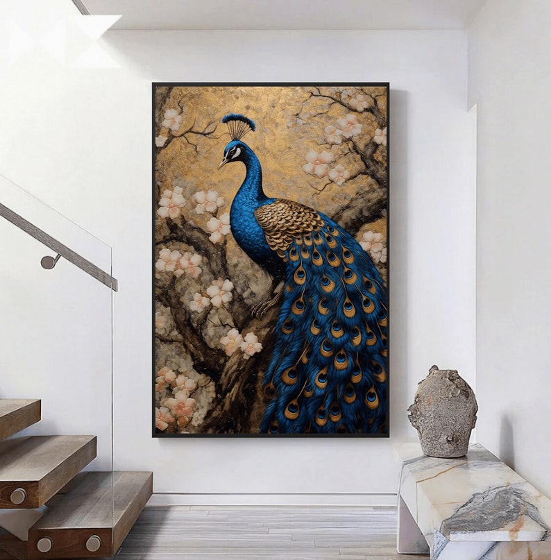 May include: A blue and gold peacock with its tail feathers spread out, standing on a branch with pink blossoms. The background is a gold and brown watercolor wash.