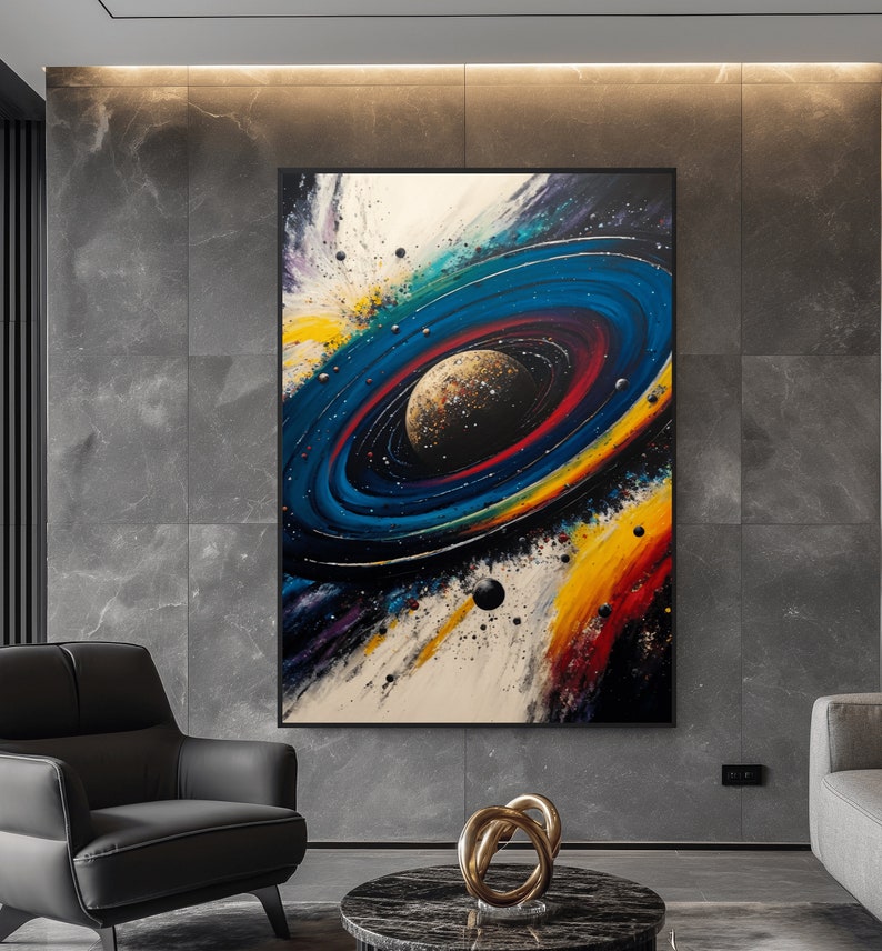 May include: Abstract painting of a colorful galaxy with a planet in the center. The galaxy is surrounded by a ring of stars and planets. The painting is done in a variety of colors, including blue, green, yellow, and red.