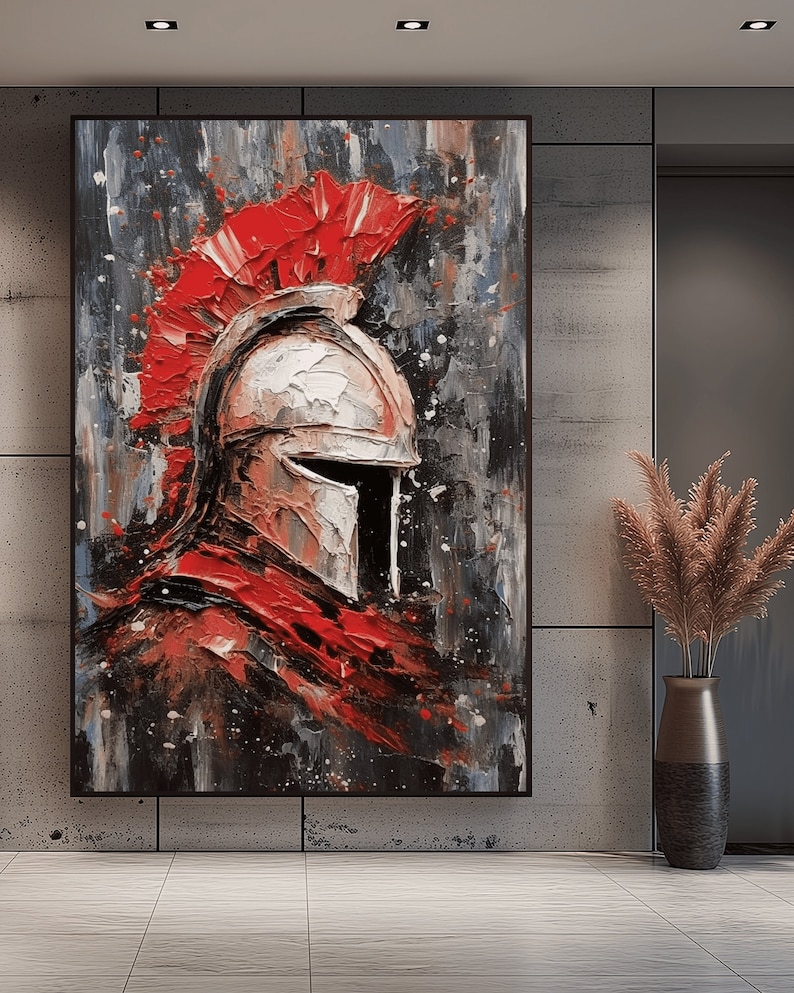 May include: A painting of a warrior's helmet with a red plume, painted in a textured style with splashes of color on a dark background.