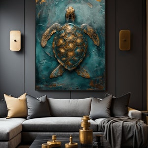 Puede incluir: Una pintura abstracta de una tortuga marina en oro y turquesa sobre un fondo texturizado.