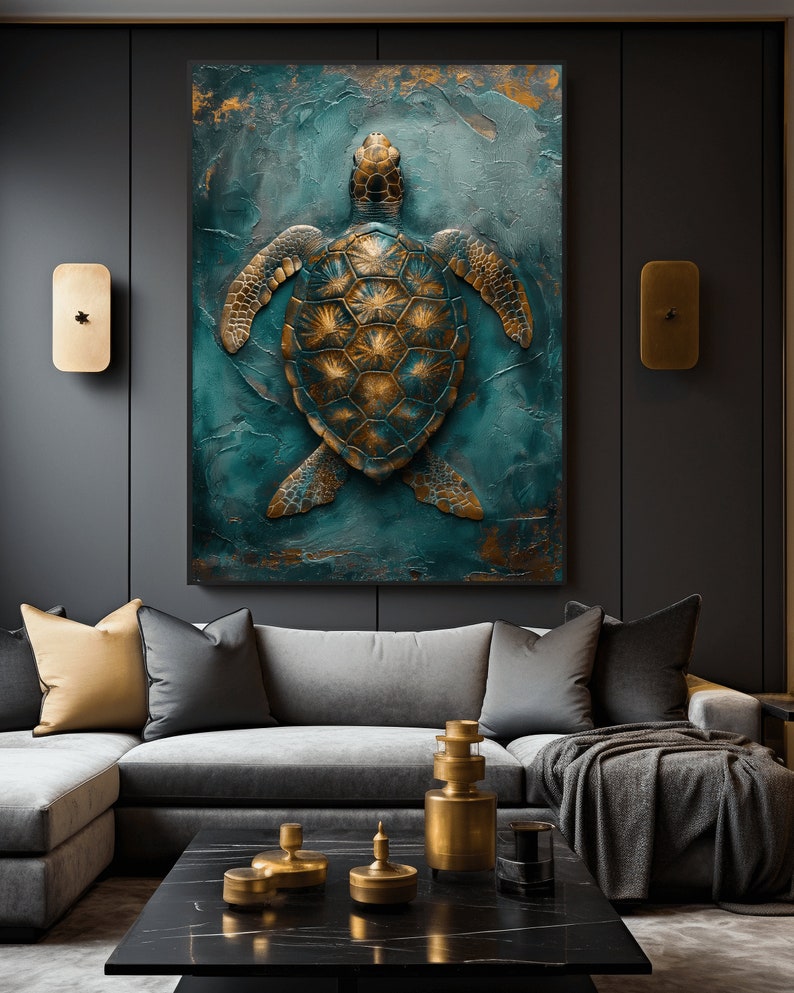 Puede incluir: Una pintura abstracta de una tortuga marina en oro y turquesa sobre un fondo texturizado.