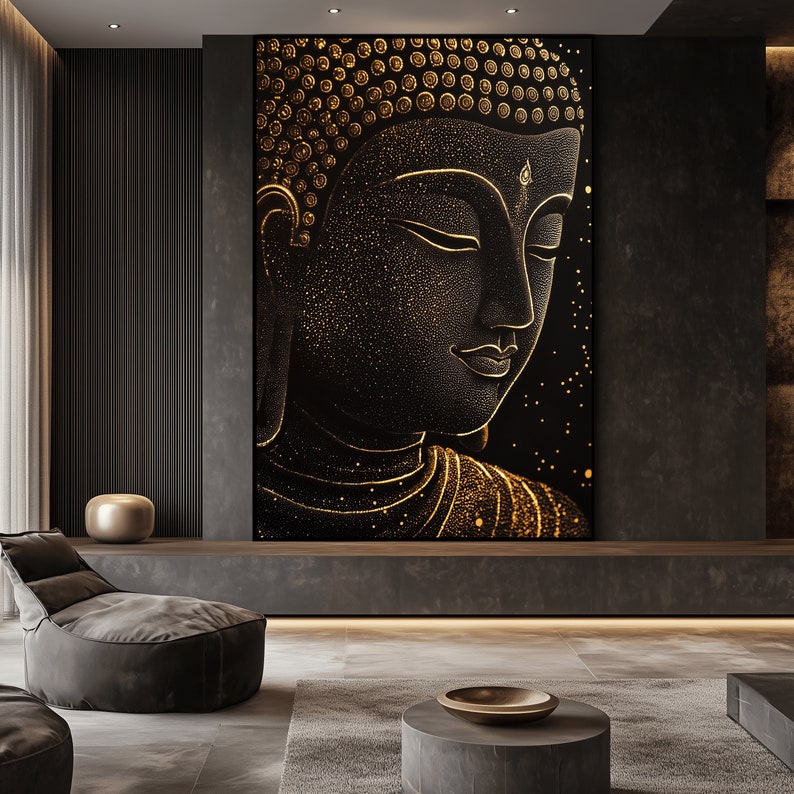 May include: A large, framed canvas art print featuring a detailed depiction of Buddha's face. The artwork uses gold and black tones, with a textured appearance and a serene expression. The image is set in a modern living space.