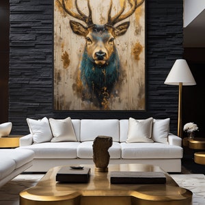 May include: A large canvas painting of a golden stag with a blue-green mane, set against a textured background of gold and white paint. The painting is displayed on a black wall in a modern living room setting.