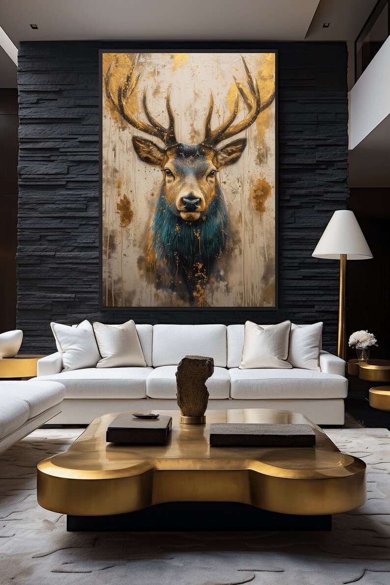 May include: A large canvas painting of a golden stag with a blue-green mane, set against a textured background of gold and white paint. The painting is displayed on a black wall in a modern living room setting.