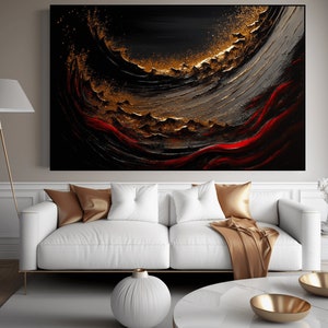 May include: Abstract painting with black, gold, and red paint. The painting features a swirling, wave-like pattern with gold accents.