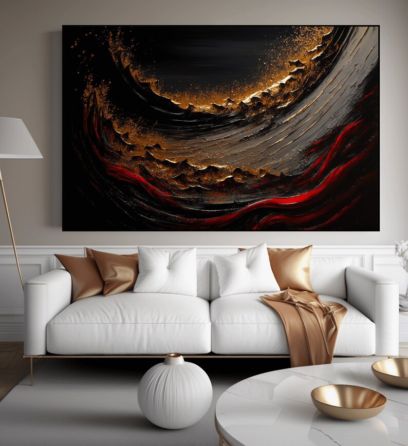 May include: Abstract painting with black, gold, and red paint. The painting features a swirling, wave-like pattern with gold accents.