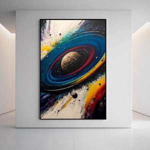 May include: Abstract painting of a colorful galaxy with a planet in the center. The galaxy is painted in shades of blue, purple, yellow, and red. The planet is a dark gray color with a ring system.