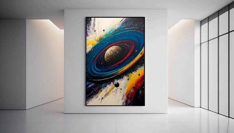 May include: Abstract painting of a colorful galaxy with a planet in the center. The galaxy is painted in shades of blue, purple, yellow, and red. The planet is a dark gray color with a ring system.
