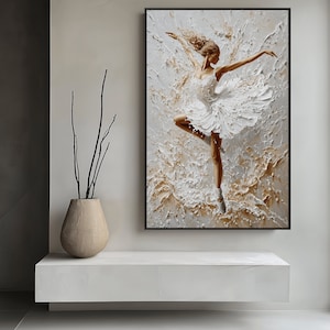 May include: A painting of a ballerina in a white tutu, dancing on a textured background with shades of white and gold.