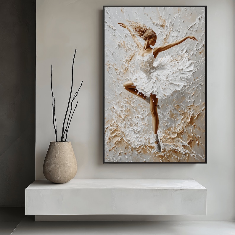 May include: A painting of a ballerina in a white tutu, dancing on a textured background with shades of white and gold.