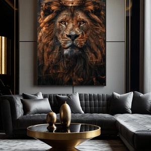 May include: A close-up of a lion's face with a gold crown on its head. The lion is looking directly at the viewer with a serious expression. The background is a dark, textured surface.