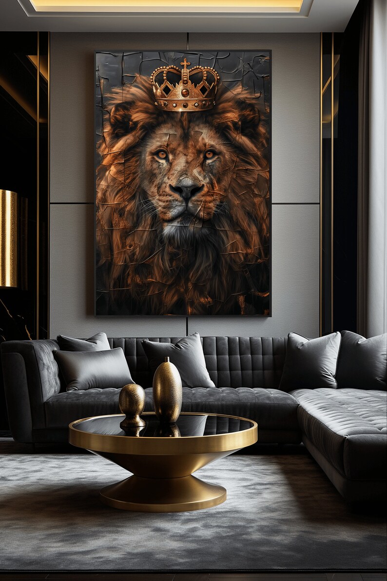 May include: A close-up of a lion's face with a gold crown on its head. The lion is looking directly at the viewer with a serious expression. The background is a dark, textured surface.
