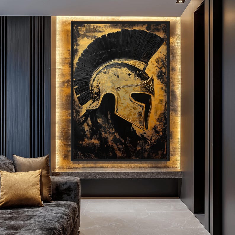 Op de afbeelding: Een gouden en zwarte schildering van een Spartaanse helm met een zwarte pluim. De helm is geplaatst tegen een getextureerde achtergrond met gouden accenten.