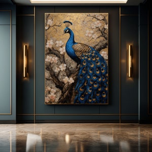 May include: A painting of a blue and green peacock with its tail feathers spread out. The peacock is perched on a branch of a tree with white flowers. The background is a gold color.