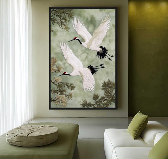 Crane Wall Art Framed Canvas • Japanese Bird Art • Green Japandi Decor • Landscape Artwork