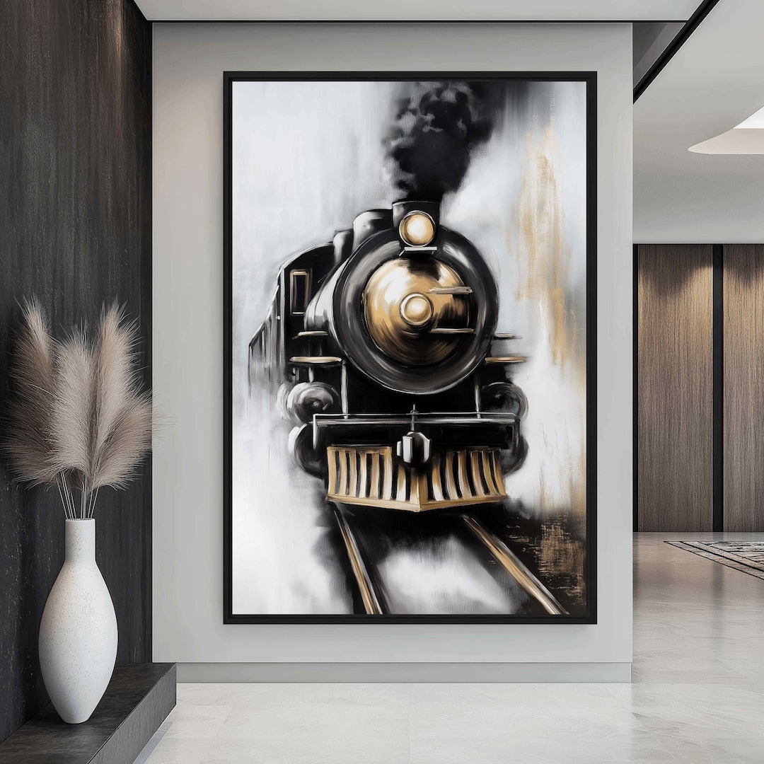 Steam Train Canvas Art, Retro Locomotive, Modern Railroad Decor (framed ...