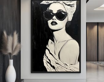 Framed Woman Canvas Art: Black and White Fashion Print