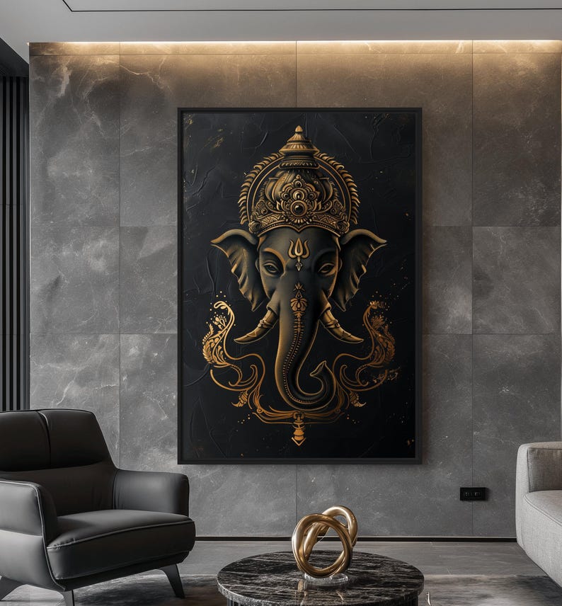 May include: A black and gold framed canvas print featuring a detailed illustration of the Hindu deity Ganesha, depicted as an elephant with a crown and ornate decorations.